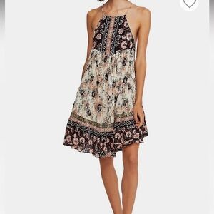 [S]Free People Casablanca White Pink Black Floral Print Tassel Tie Slip Dress